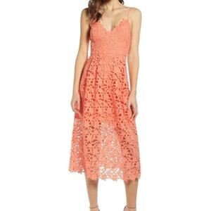 ASTR the label lace midi dress coral orange feminine wedding guest